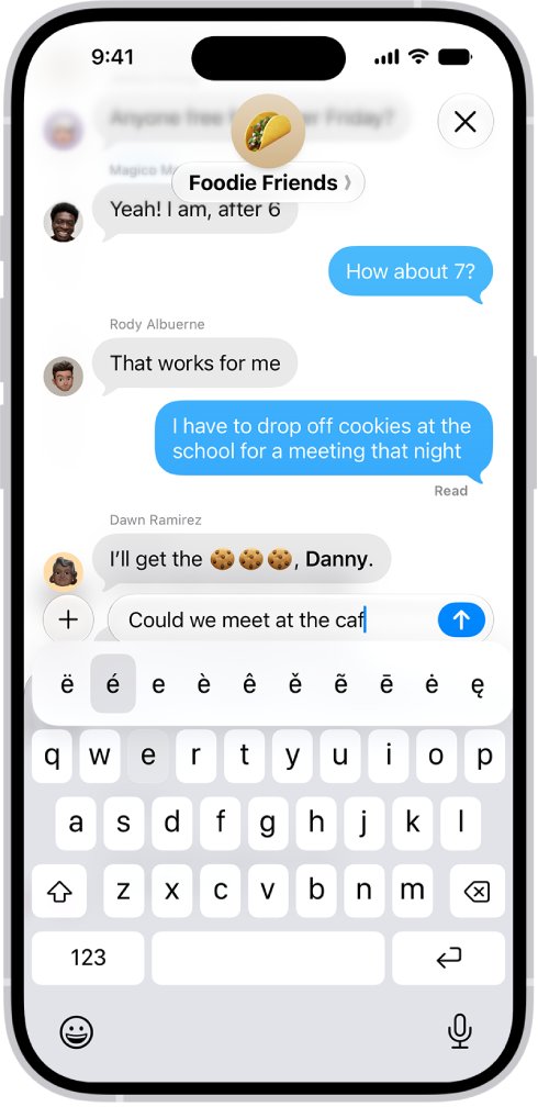 iPhone keyboard showing accent options after touch-and-hold on the E key