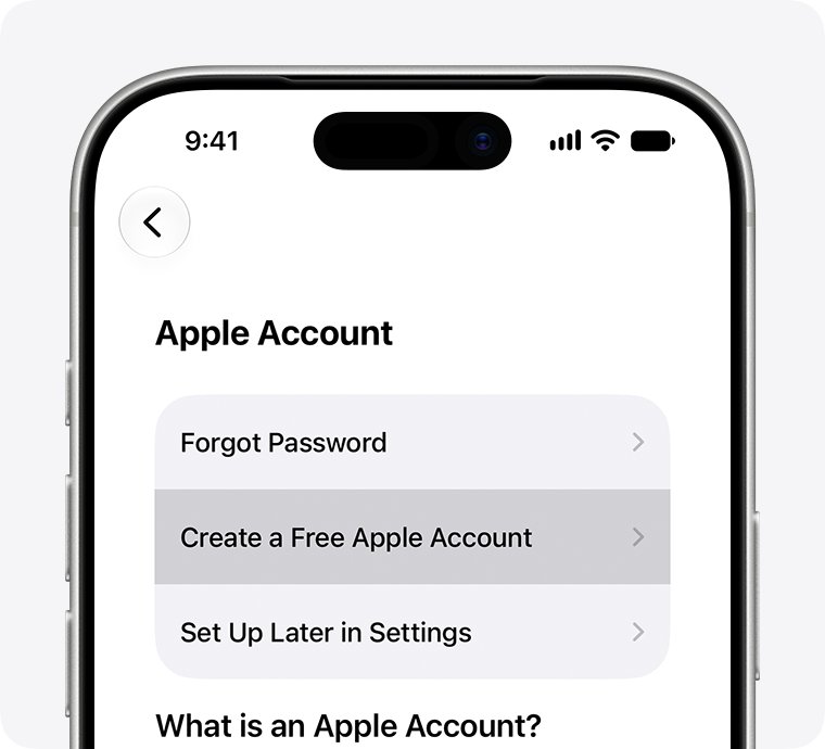 iPhone screen with Create a Free Apple Account highlighted