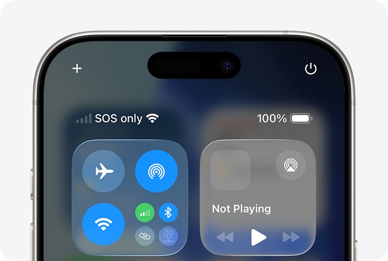 iPhone status bar and Control Center showing SOS only next to Wi-Fi