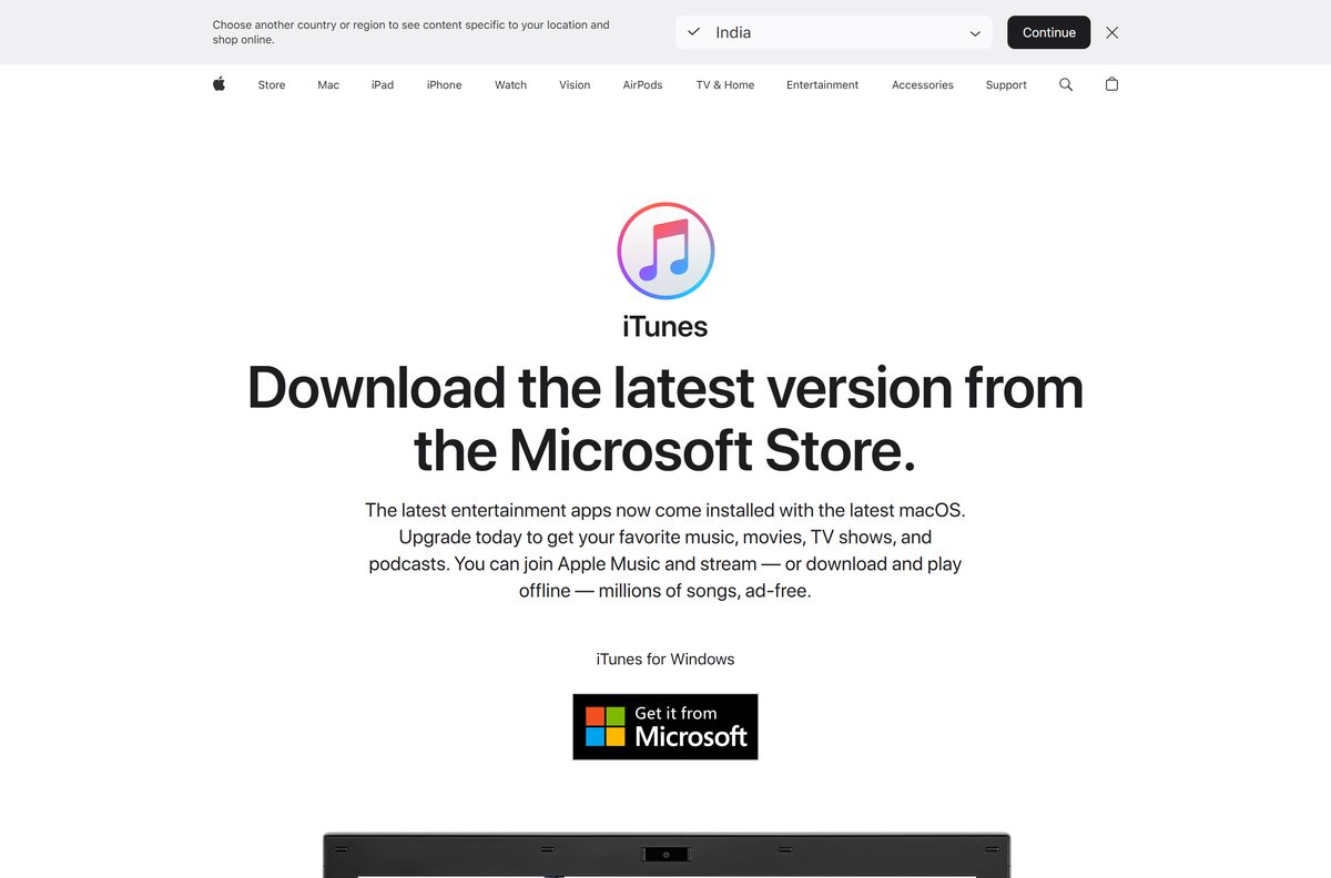 Apple's iTunes page with the Windows 64-bit and 32-bit download links