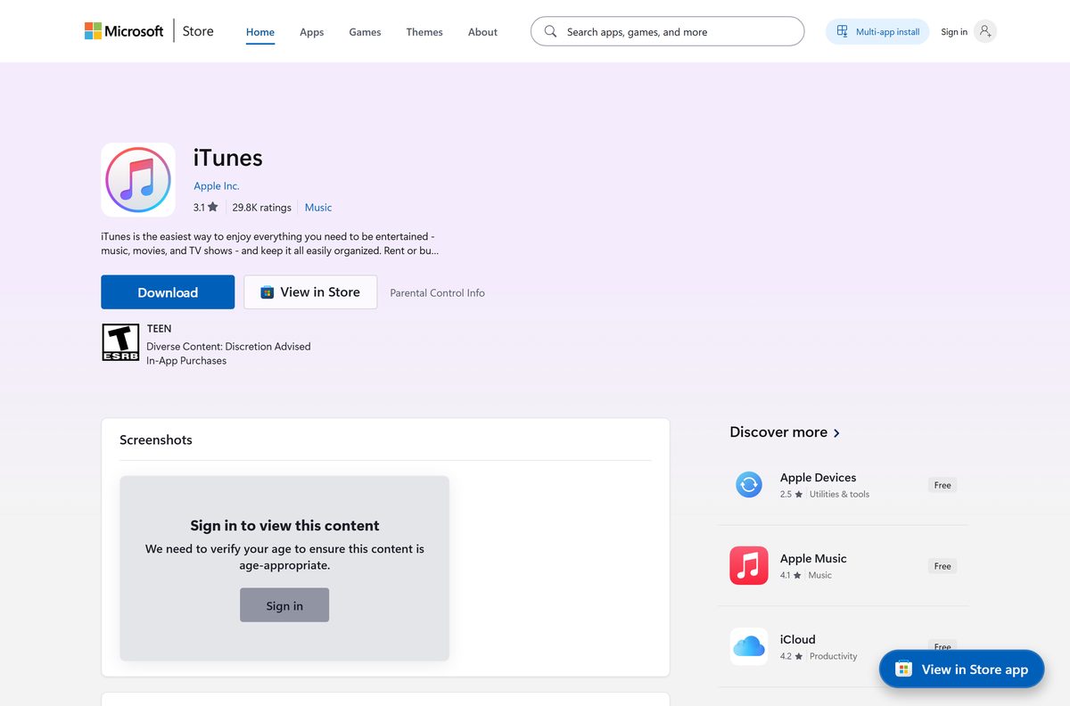 Microsoft Store listing for iTunes published by Apple Inc.