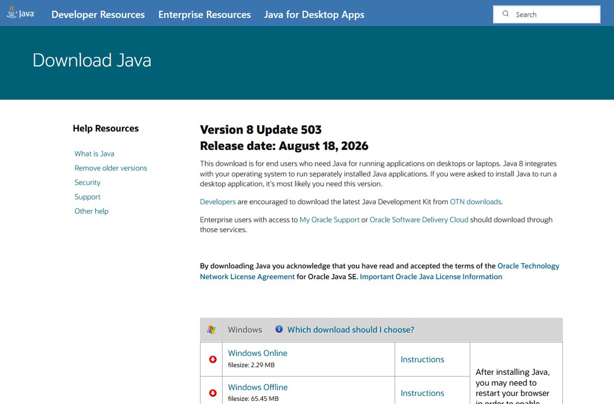 java.com download page listing Version 8 Update 503 and its release date