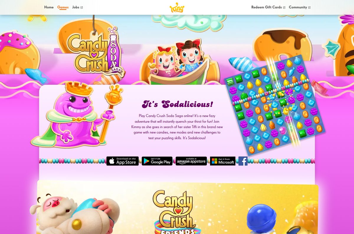 King game page offering Candy Crush Soda Saga in a browser