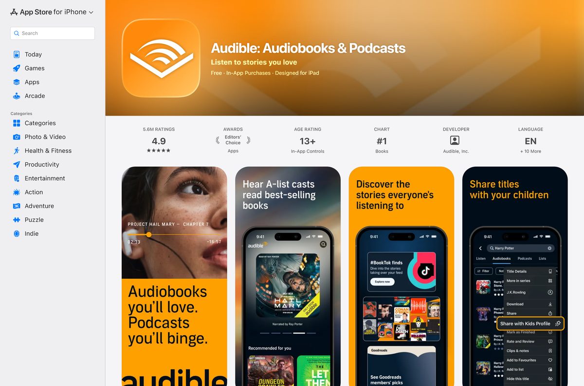 App Store listing for Audible on iPhone, iPad and Mac