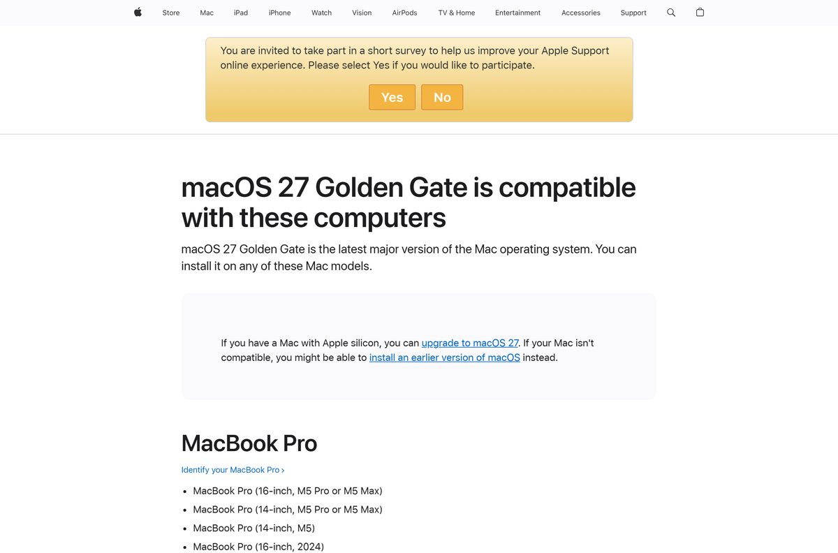 Apple list of Mac models compatible with macOS 27