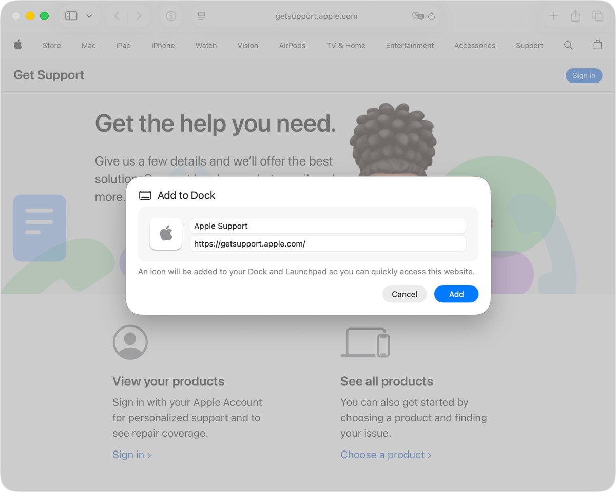 macOS Add to Dock dialog with app name and URL fields