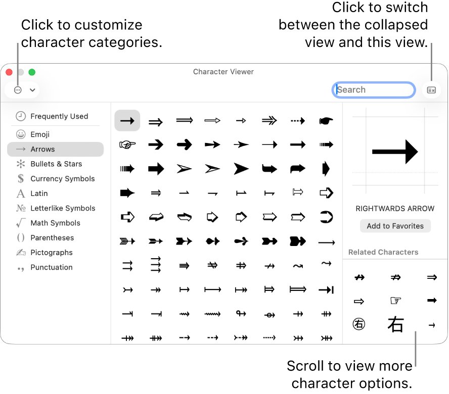 macOS Character Viewer window with a search field and character categories