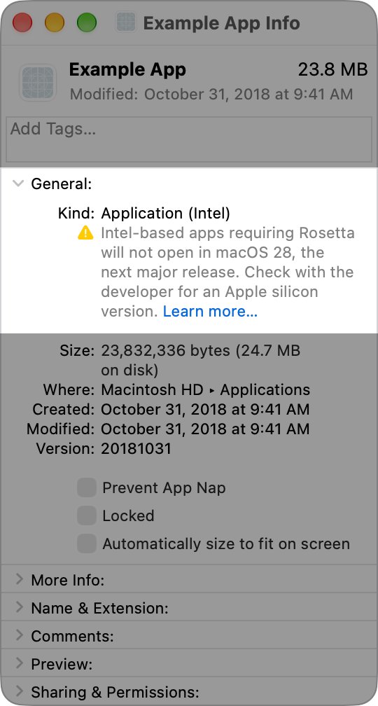 macOS Get Info window showing Kind: Application (Intel)