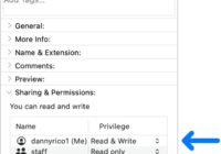 macOS Get Info window showing Sharing & Permissions privilege list
