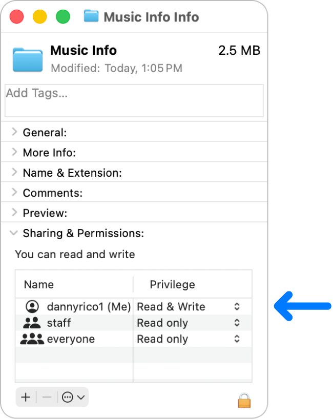 macOS Get Info window showing Sharing & Permissions privilege list