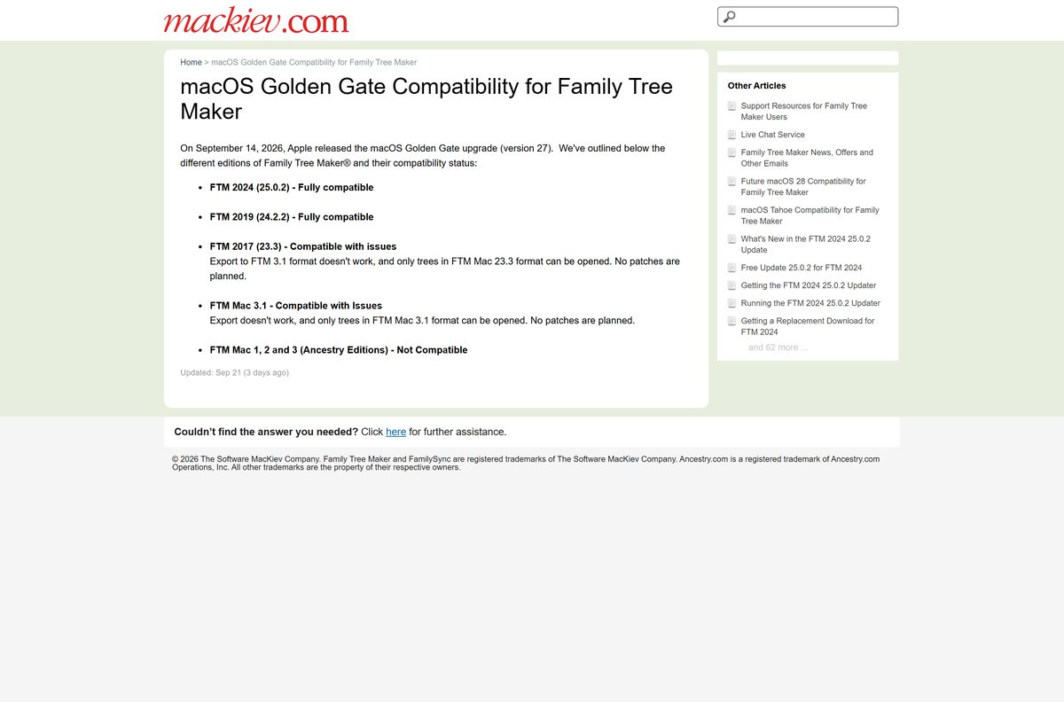 Family Tree Maker compatibility list for macOS Golden Gate