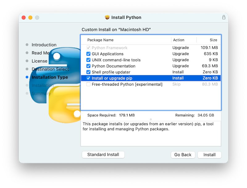 macOS Python installer Custom Install screen with Install or upgrade pip checked