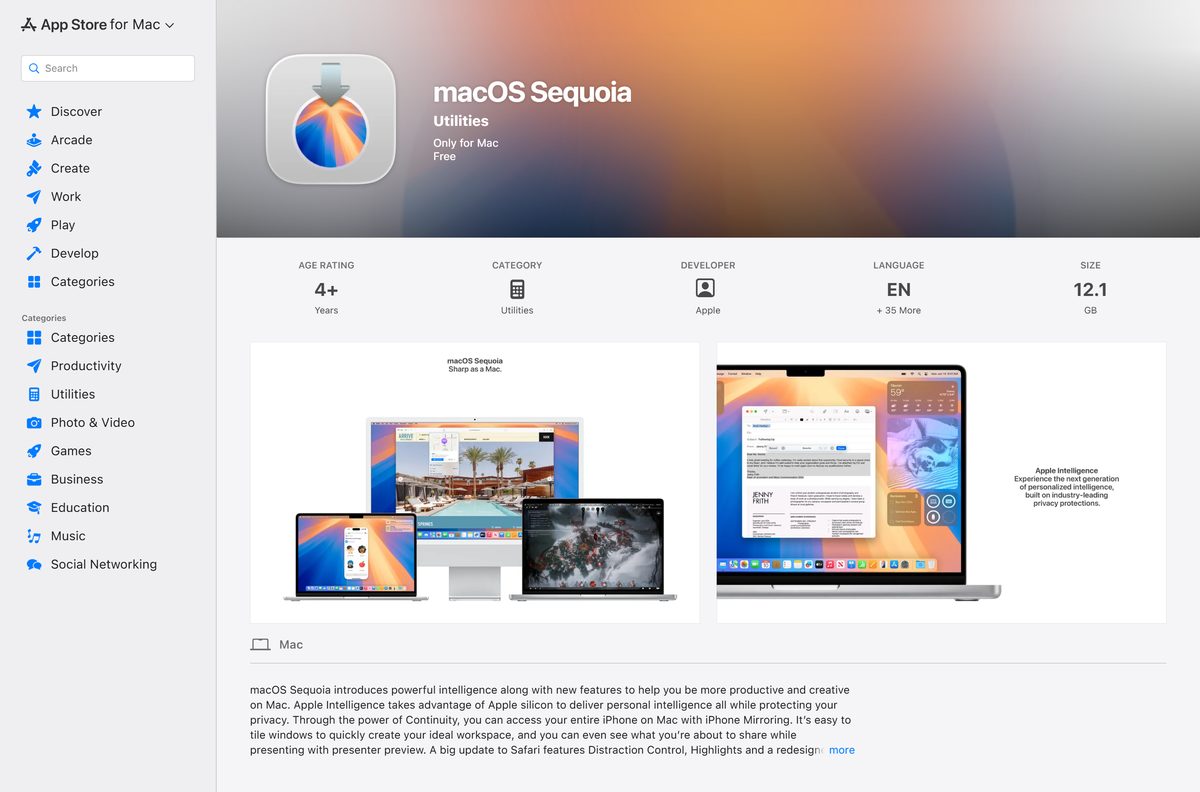 Mac App Store listing for macOS Sequoia showing size and price