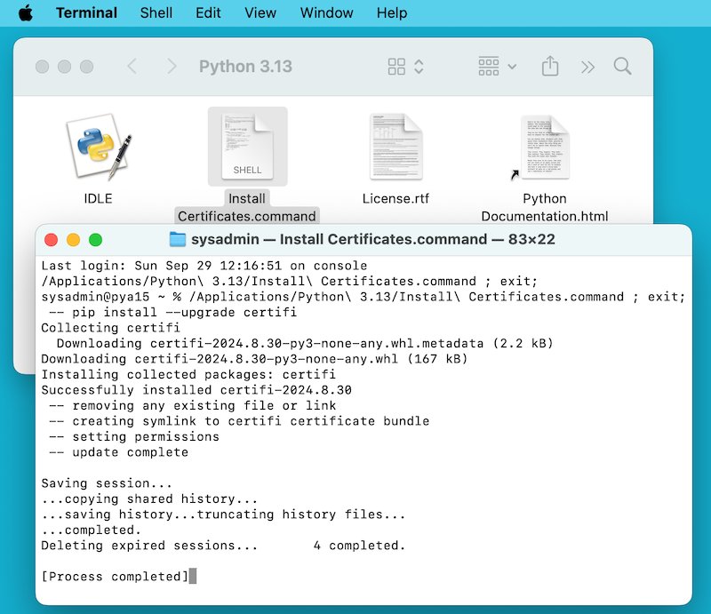 macOS Terminal running Install Certificates.command to add SSL root certificates