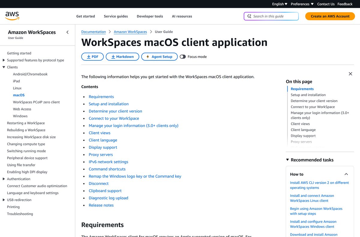 Amazon WorkSpaces macOS guide with its supported macOS version table
