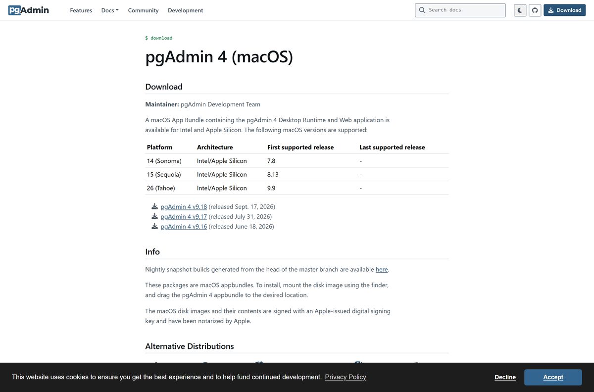 pgAdmin 4 macOS download page with supported macOS versions
