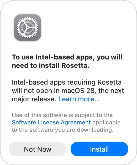 macOS prompt offering to install Rosetta for an Intel app