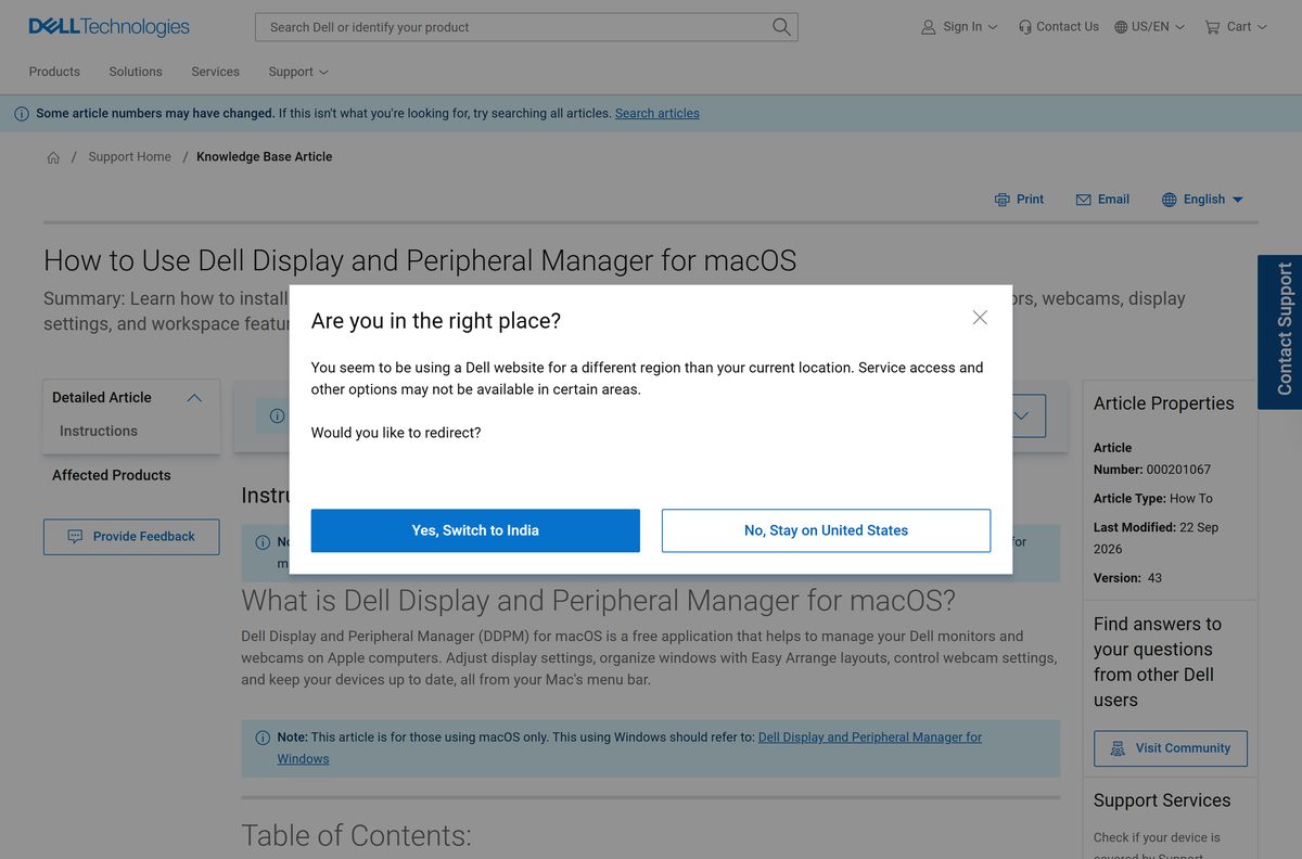 Dell support article showing macOS version and processor support for Apple computers