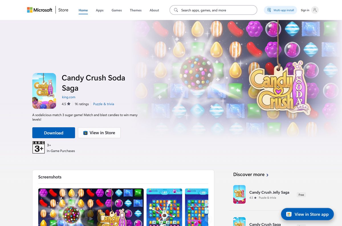 Microsoft Store listing for Candy Crush Soda Saga with its Get button