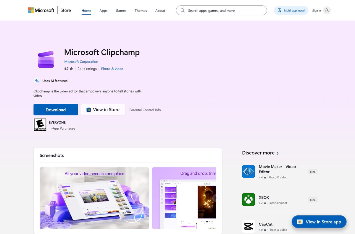 Microsoft Store listing for Clipchamp with its install button