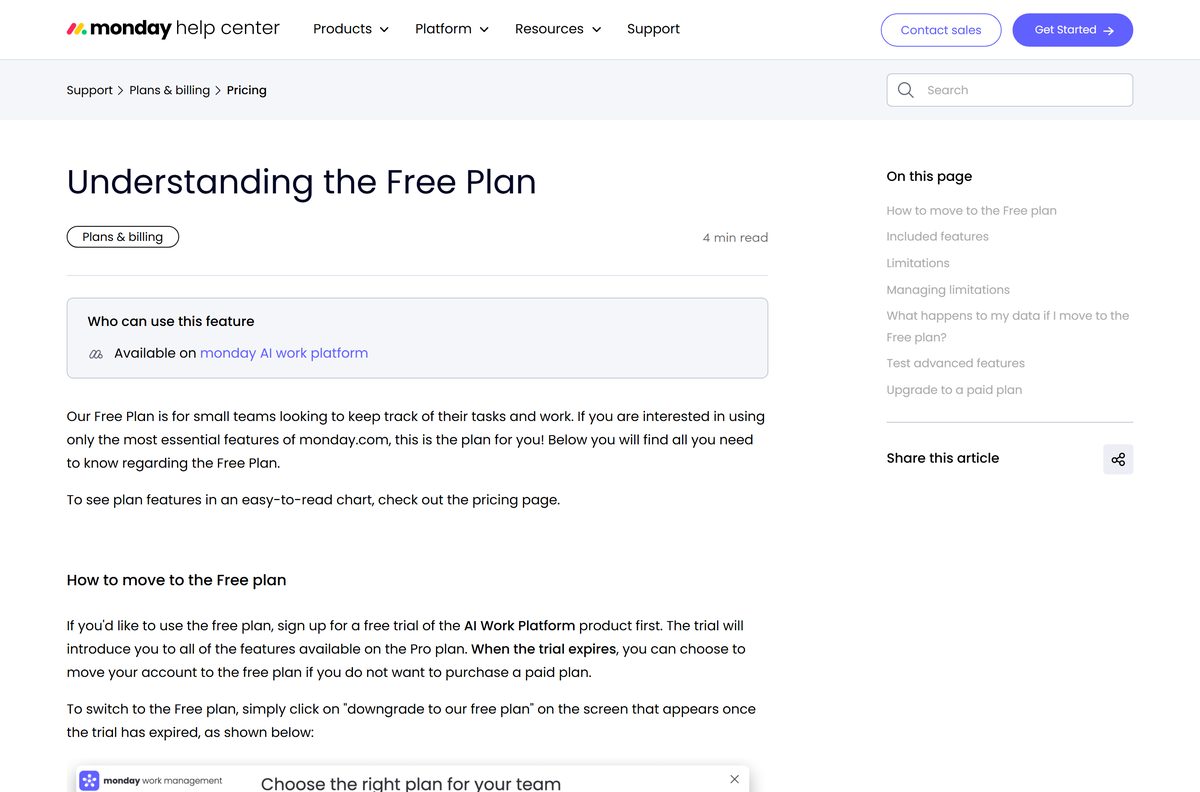 monday.com Help Center article explaining the Free plan limits