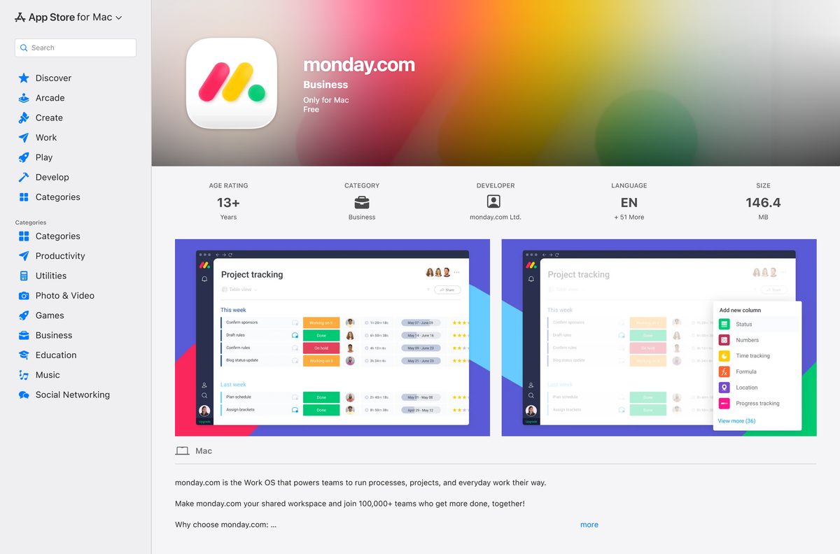 Mac App Store listing for monday.com with its size and category