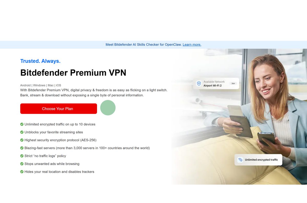 Bitdefender VPN product page with its plans and platform list
