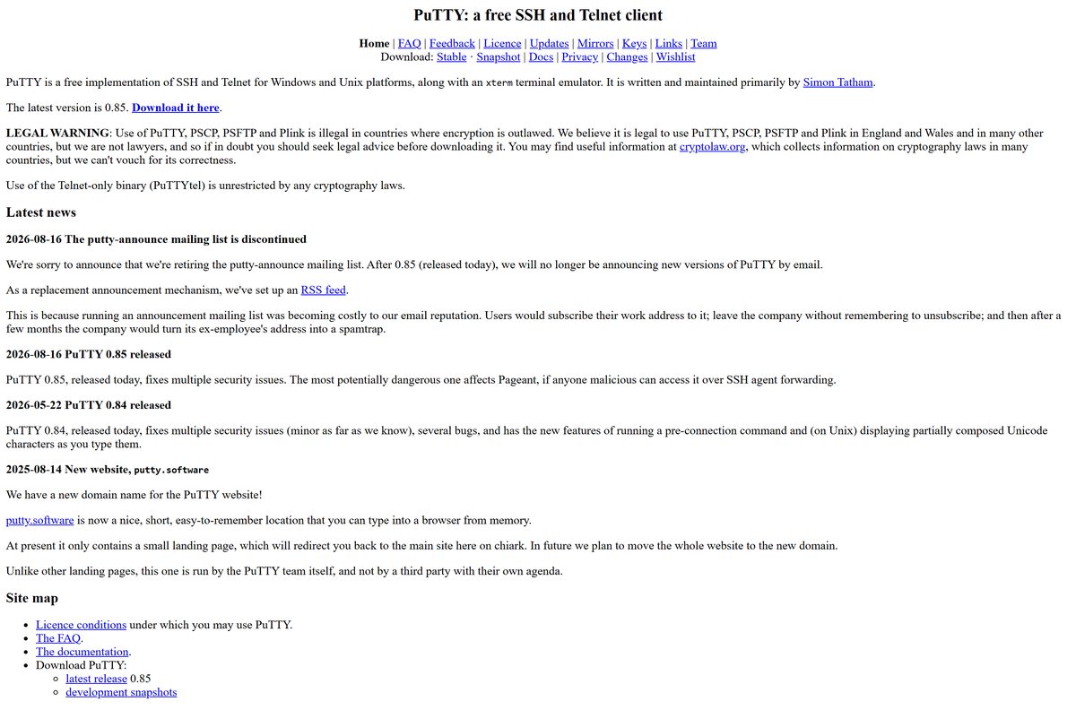 PuTTY download page on the official site