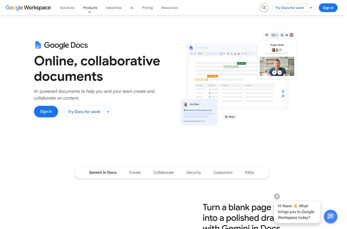 Google Docs download page on the official site