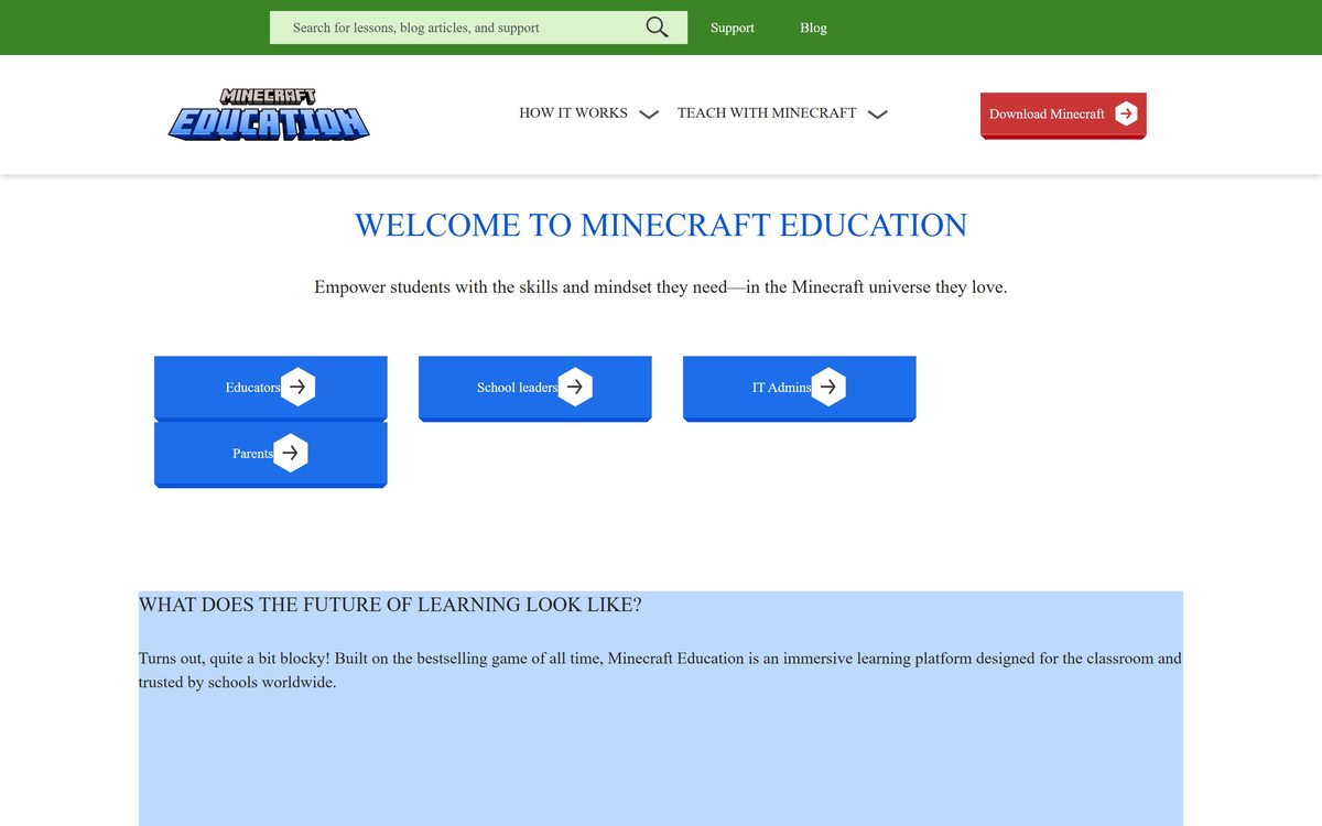Minecraft Education download page on the official site