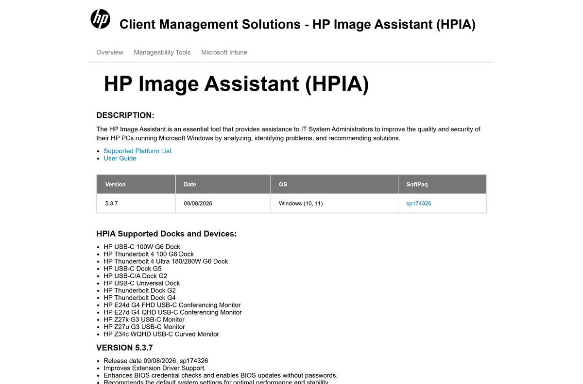 HP Image Assistant download page on the official site