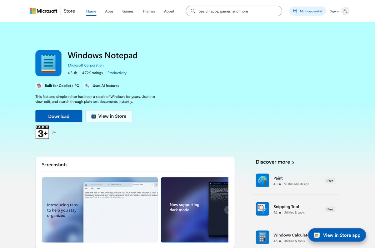 Windows Notepad download page on the official site