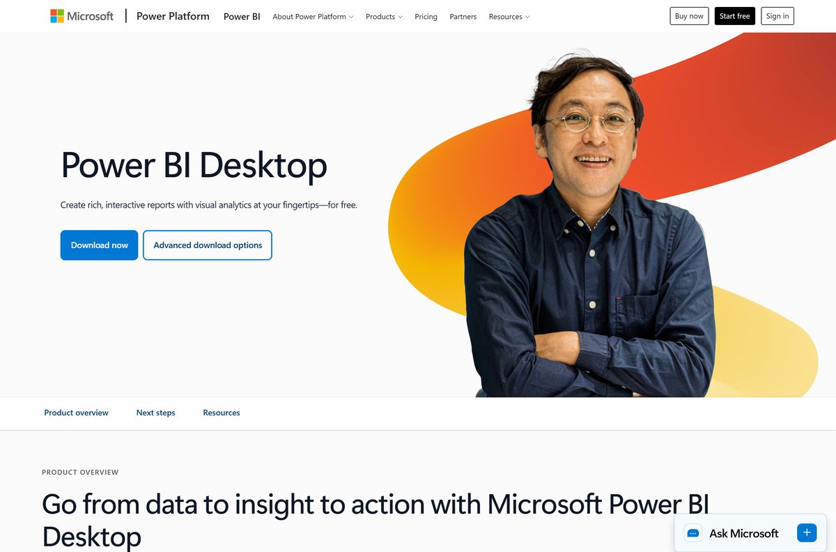 Microsoft Power Bi download page on the official site