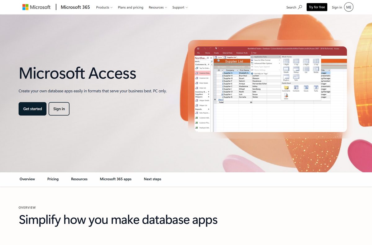 Microsoft Access download page on the official site