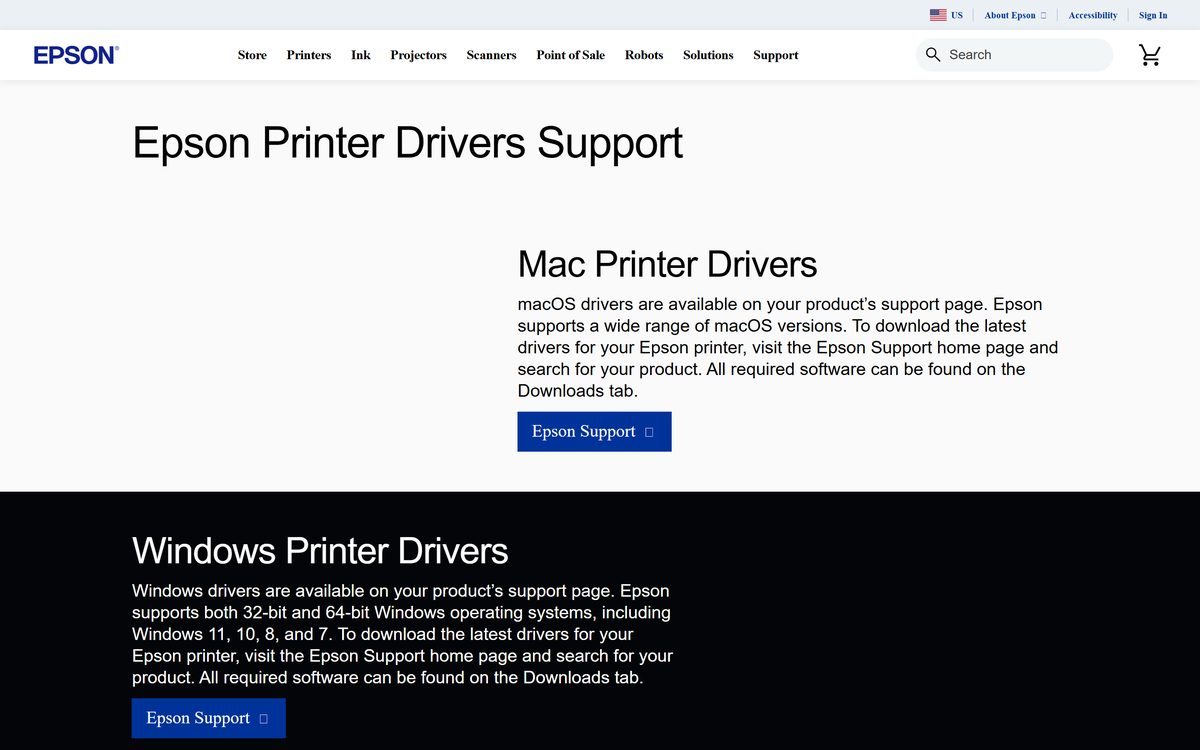 Epson Printer Drivers download page on the official site