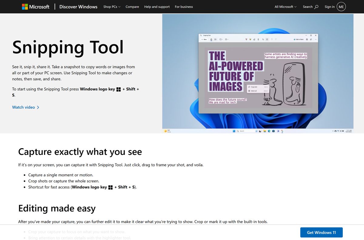 Microsoft page describing Snipping Tool with no download link