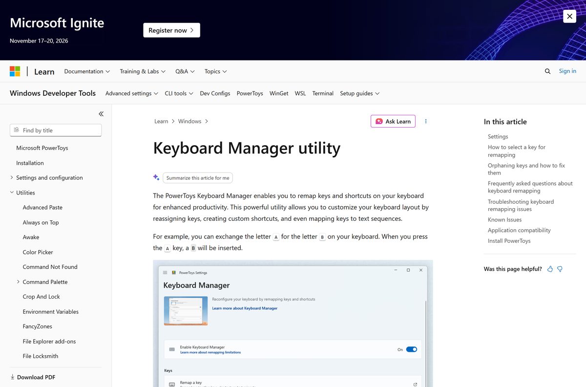 PowerToys Keyboard Manager documentation on Microsoft Learn