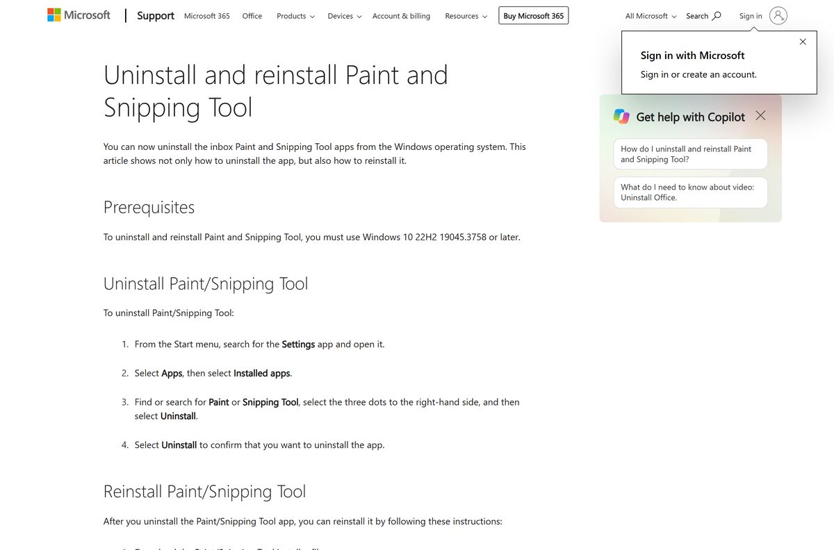 Microsoft support page showing the uninstall steps and build prerequisite