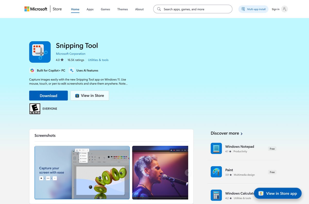 Microsoft Store listing for Snipping Tool published by Microsoft Corporation
