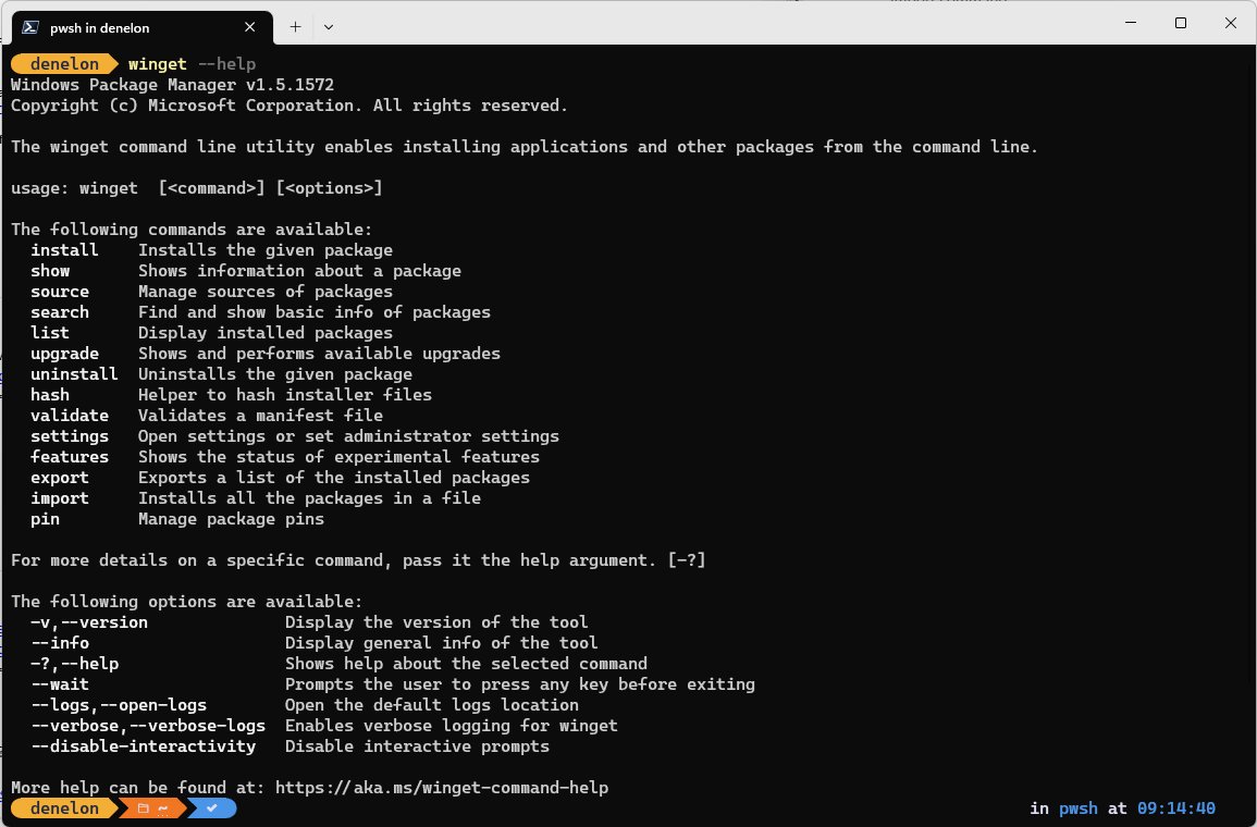 winget --help terminal output listing install, list and source commands