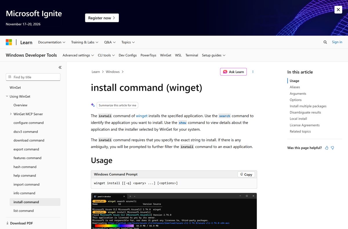 Microsoft Learn reference for the winget install command and its options