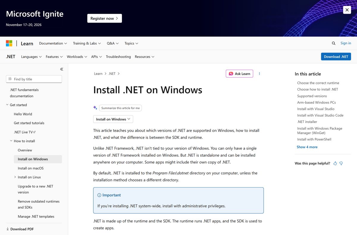 Microsoft Learn page listing winget package identifiers for each release