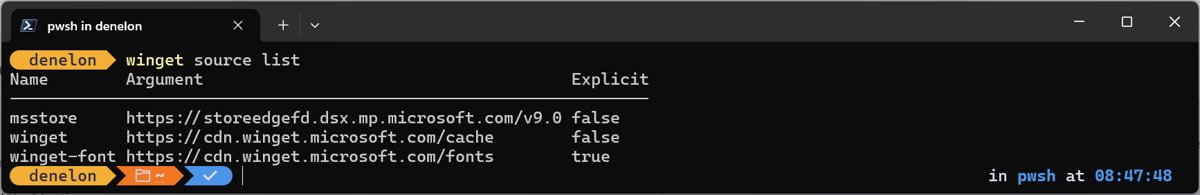 winget source list showing the msstore source and its URL