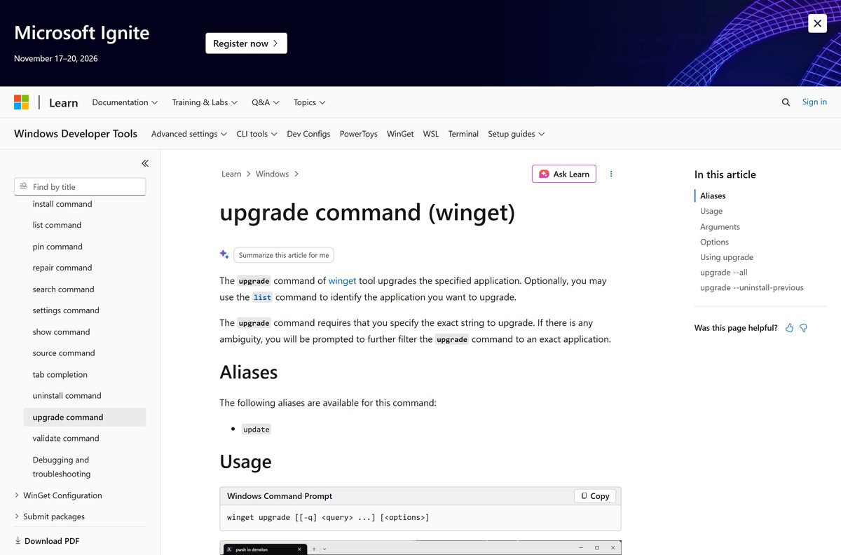 Microsoft Learn reference for the winget upgrade command