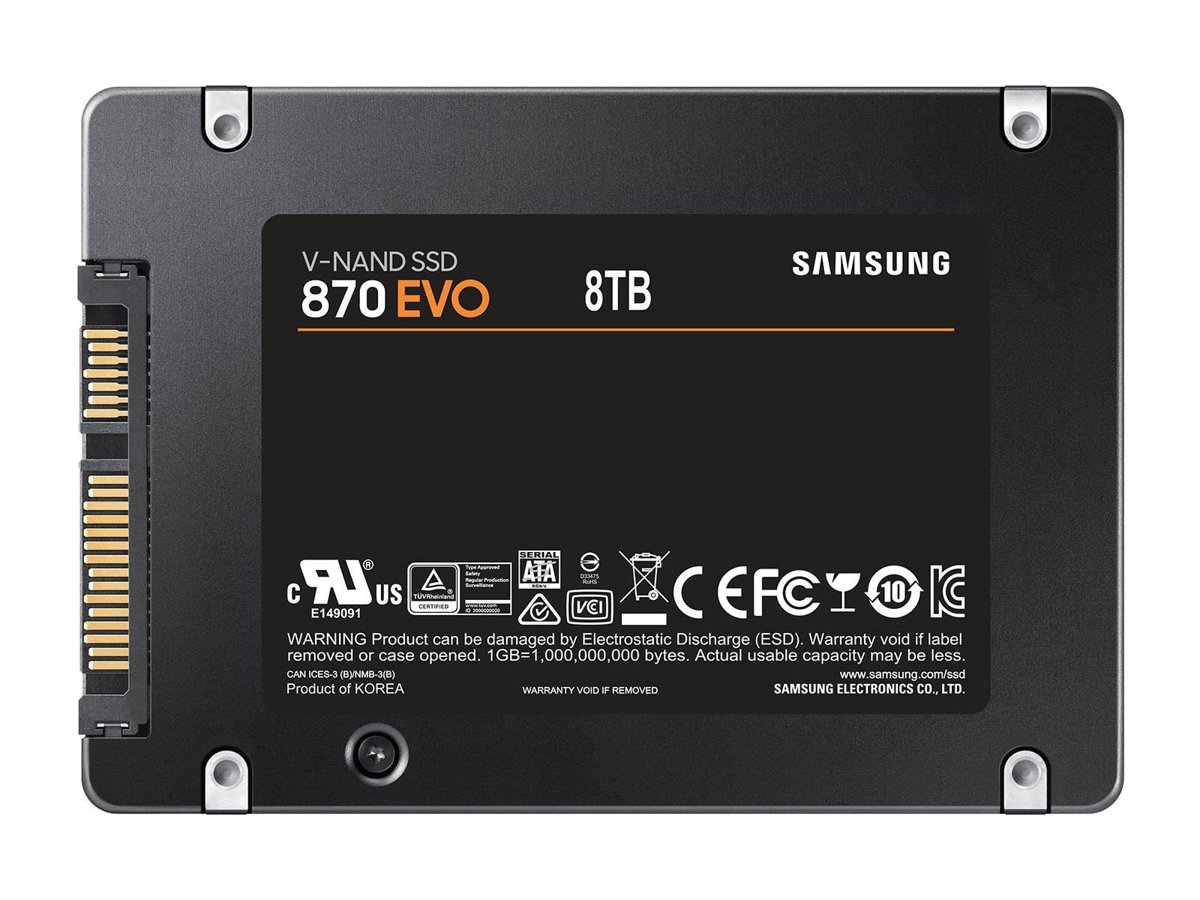 2.5-inch SATA SSD with its connector end visible, a Samsung 870 EVO