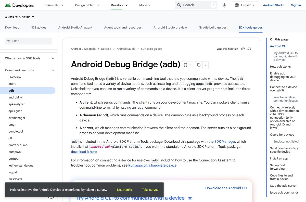 Command reference page for the Android Debug Bridge tool