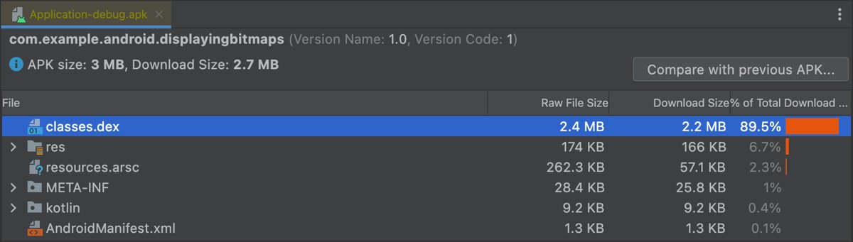 APK Analyzer file list with raw file size and download size columns