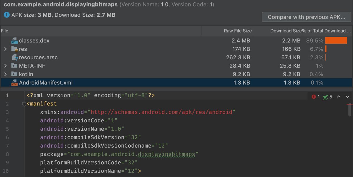 APK Analyzer showing an APK's AndroidManifest.xml as readable XML