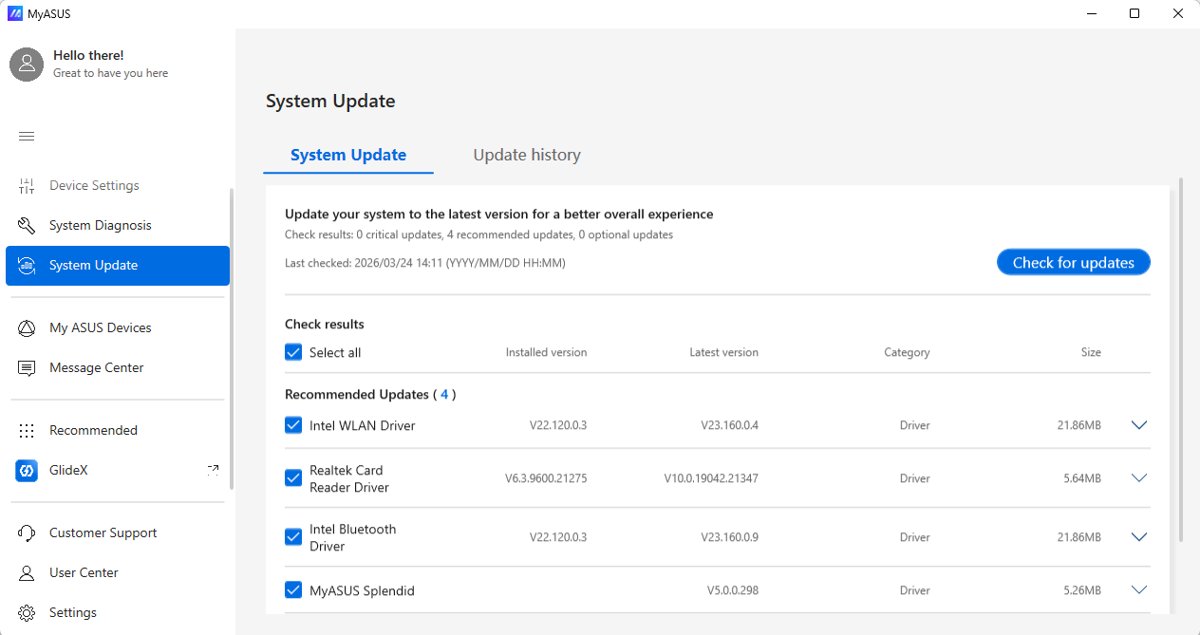 ASUS MyASUS System Update list of driver updates ready to install