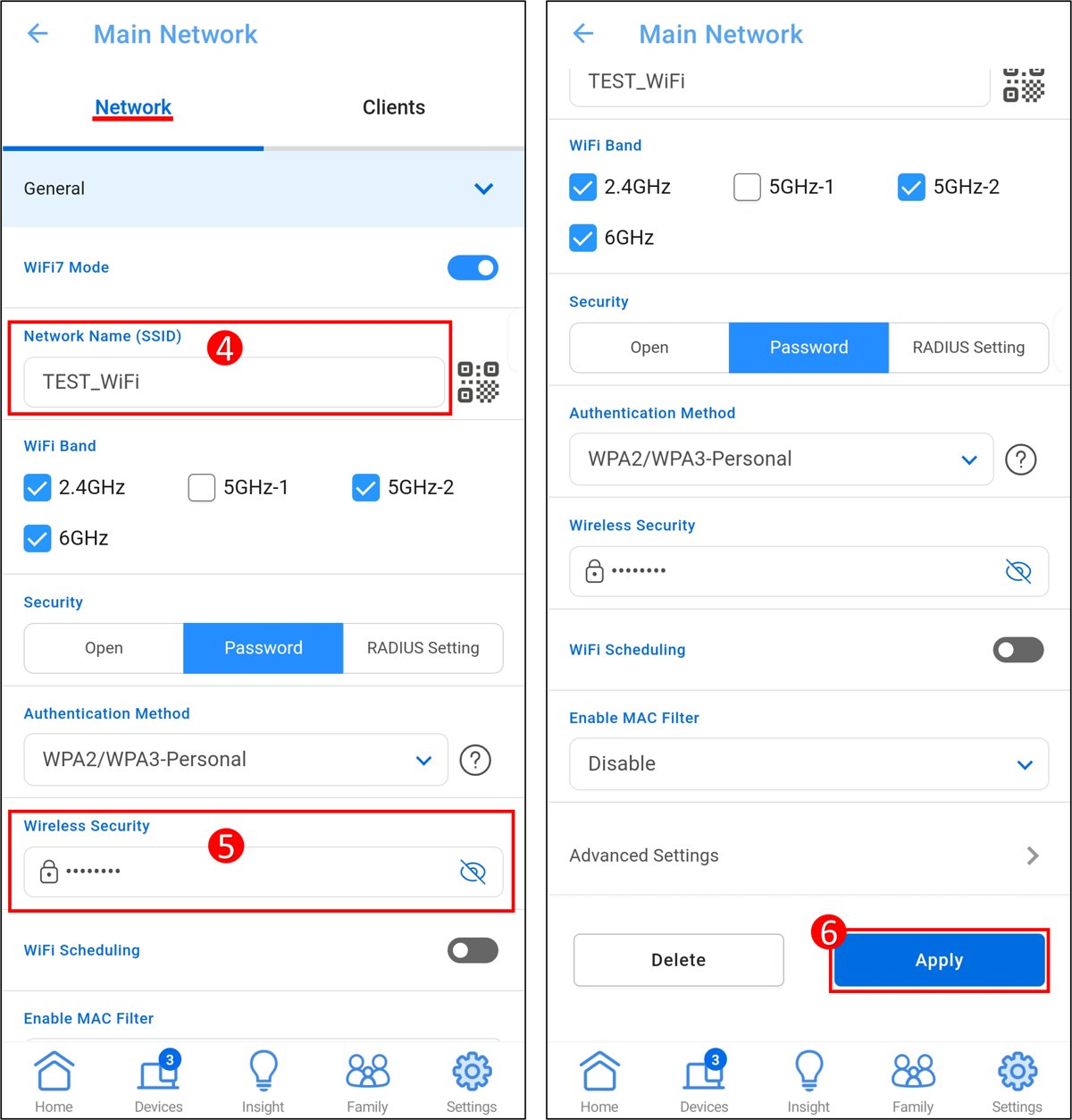 ASUS Router app Main Network screen with Wireless Security field and Apply button
